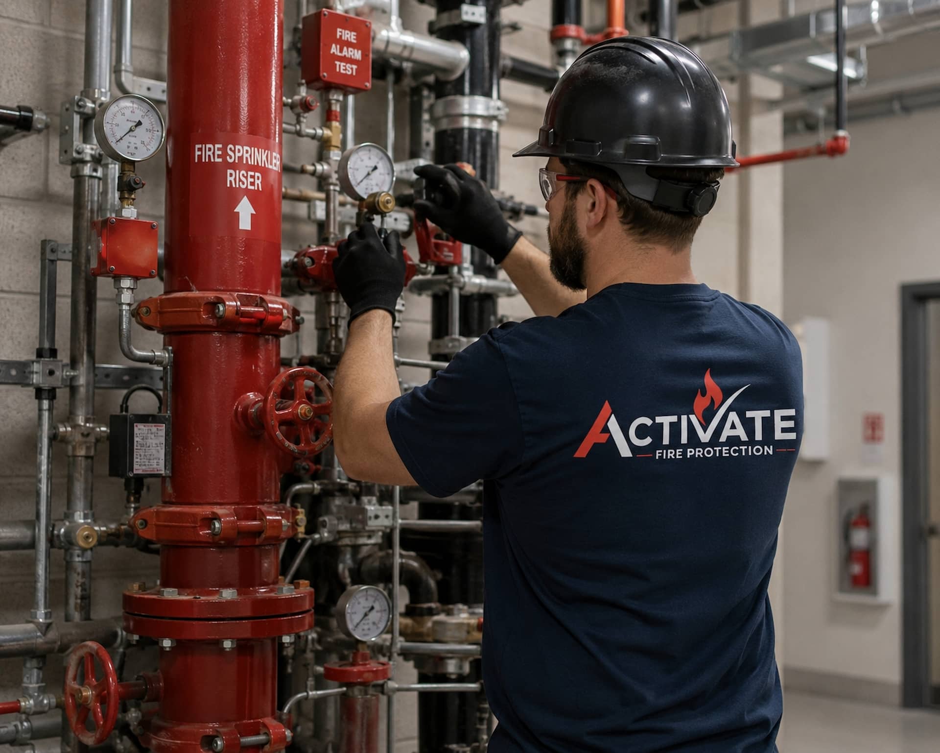 Activate Fire Protection technician in a branded shirt and hard hat checking gauges at a commercial fire sprinkler riser.